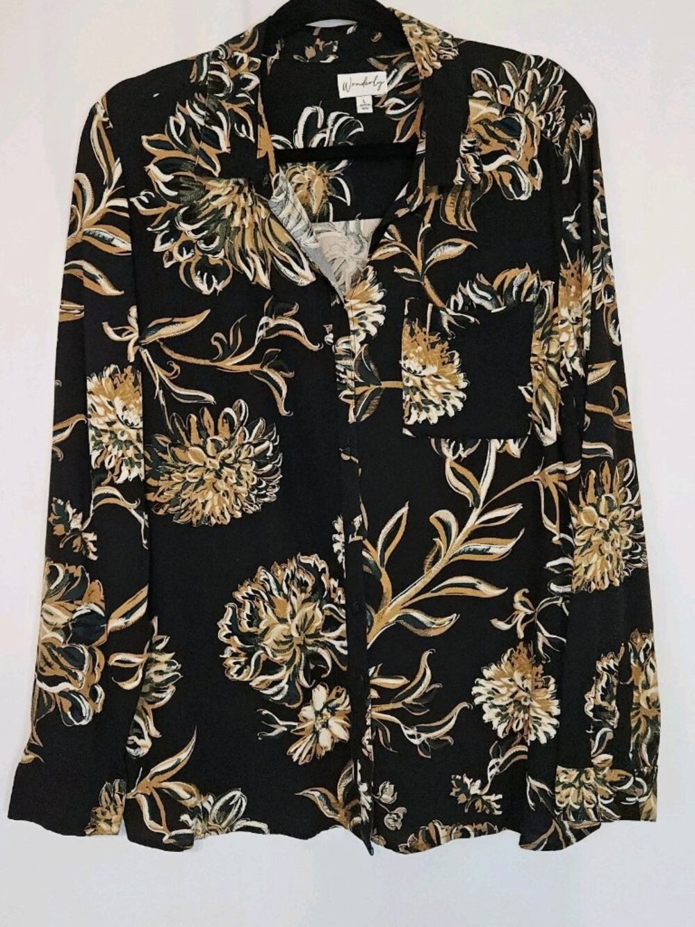 Wonderly Women's Size L Black, Cream, Green Leafy Floral Long-Sleeved Blouse